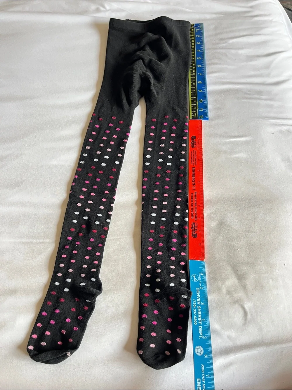Black Pink Polka Dot Knit Tights Girls Size 12-14 Cotton Blend Stretch Stockings